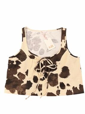 GB Cow Print Lace-Up Crop Top in Cream and Brown NWT XL